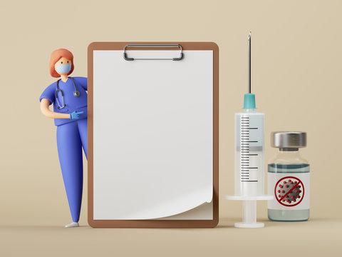 recommend clip art: 3d render. Woman doctor cartoon character stands near the big blank clipboard, vaccine syringe. Clip art isolated on beige background. Healthcare consultation. Prescription mockup. Medical concept