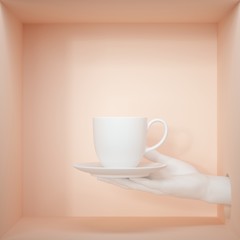 3d render, white objects inside peachy box. Hand holding porcelain cup and plate, isolated on pastel background, female mannequin body part, minimal fashion background, assistance service concept