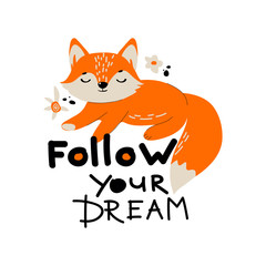 Cute Red Fox Lying with Closed Eyes and Inscription Vector Illustration