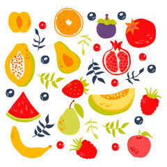 Stylized Fruits with Berries and Green Branches Vector Set