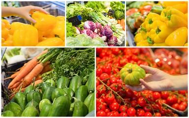 Collage with female hand who chooses vegetables. Concept of healthy food, bio, vegetarian, organic