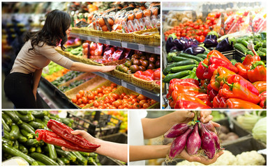 Collage with woman and female hand who chooses vegetables in supermarket. Concept of healthy food, bio, vegetarian, diet