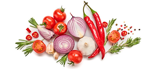 Fresh vegetables and herbs collection, cherry tomato, hot pepper, garlic. Healthy eating prepare cooking concept. Various organic vegetables layout, vegetarian, isolated on white