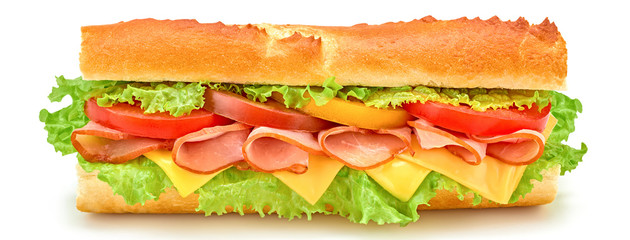 Submarine sandwich with ham, cheese, tomato, lettuce salad isolated on white. Homemade baguette ham sandwich with vegetables. Large sub tomato sandwich closeup, banner