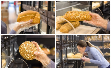 Collage with woman and female hand who chooses bread in bakery store. Concept of healthy food, bio, gluten free