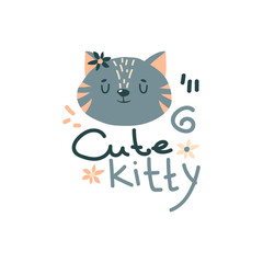 Kitten Head with Cute Kitty Inscription Doodle Vector Illustration