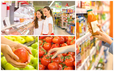 Collage with teen girls and female hand who chooses vegetables in supermarket. Concept of healthy food, bio, vegetarian
