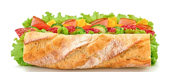 Submarine sandwich with ham, cheese, salami, tomato, lettuce salad, cucumber isolated on white. Homemade baguette sandwich with vegetables. Large sub sandwich closeup, banner