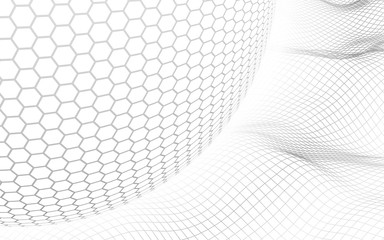 Abstract landscape on a white background with white honeycomb sphere. Cyberspace grid. hi tech network. 3d illustration