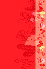 Vector template for greeting card, scrapbook, wedding invitation, banner. Vertical seamless pattern of hatched hearts on a red background. Rectangular frame with place for text.