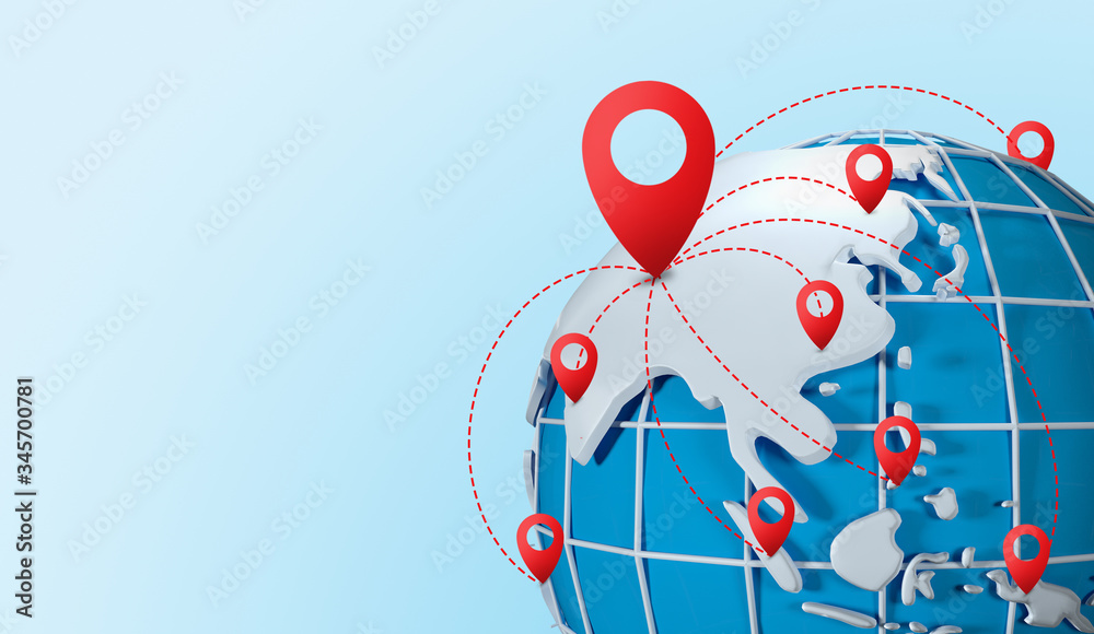 Poster Global communication network. 3D illustration of planet with points connected by lines on blue background, empty space