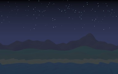 Starry moonless sky. Ocean shore line with waves on a beach. Island beach paradise with waves. Vacation, summer, relaxation. Seascape, seashore. Minimalist landscape, primitivism. 3D illustration