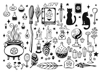 Witchcraft, magic background for witches and wizards. Vector vintage collection. Hand drawn magic tools, concept of witchcraft. Drawn magic tools: book, candles, potions, broom, crystals, cauldron.