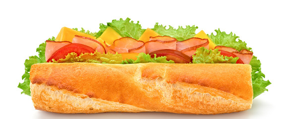Submarine sandwich with ham, cheese, tomato, lettuce salad isolated on white. Homemade baguette ham sandwich with vegetables. Large sub tomato sandwich closeup, banner
