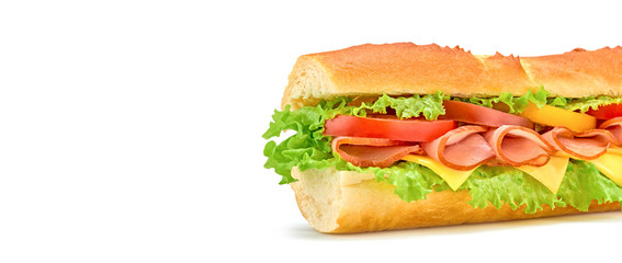 Submarine sandwich with ham, cheese, tomato, lettuce salad isolated on white. Homemade baguette ham sandwich with vegetables. Large sub tomato sandwich closeup, banner