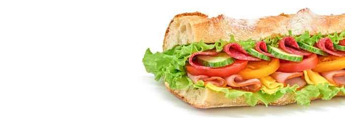 Submarine sandwich with ham, cheese, salami, tomato, lettuce salad, cucumber isolated on white. Homemade baguette sandwich with vegetables. Large sub sandwich closeup, banner