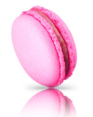 Macro photo of french pink rose macaroon isolated on white background