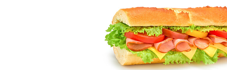 Submarine sandwich with ham, cheese, tomato, lettuce salad isolated on white. Homemade baguette ham sandwich with vegetables. Large sub tomato sandwich closeup, banner