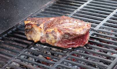 Steak fried on one side until golden brown