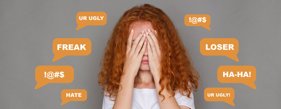 Cyberharassment. Red-haired woman closing her face and abusive chat messages on grey background, collage. Panorama