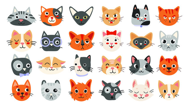 Big collection of cat faces with different emotions. Funny and cute vector illustration set isolated on white background for poster, banner, web, design