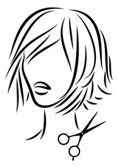 Silhouette of a cute lady. The girl shows a hairstyle on medium and short hair and scissors. Suitable for logo, hairdresser advertising. Vector illustration