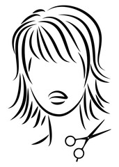 Silhouette of a cute lady. The girl shows a hairstyle on medium and short hair and scissors. Suitable for logo, hairdresser advertising. Vector illustration