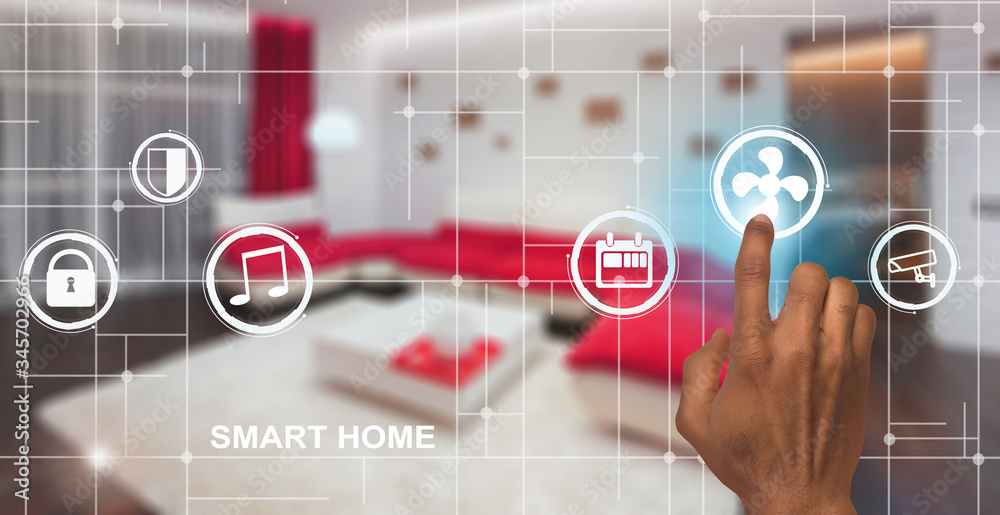 Poster african american guy using smart home control system, choosing air conditioning button on virtual sc