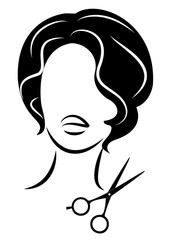 Silhouette of a cute lady. The girl shows a hairstyle on medium and short hair and scissors. Suitable for logo, hairdresser advertising. Vector illustration