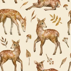 Wallpaper murals Little deer Watercolor seamless pattern with cute baby dappled deer. Wild little forest animals and plants. Background in nature style for children textile, wallpaper, wrapping, covers.