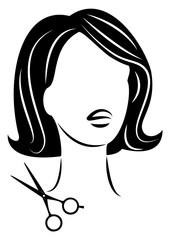 Silhouette of a cute lady. The girl shows a hairstyle on medium and short hair and scissors. Suitable for logo, hairdresser advertising. Vector illustration