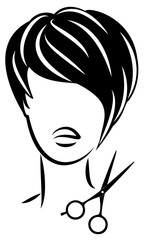 Silhouette of a cute lady. The girl shows a hairstyle on medium and short hair and scissors. Suitable for logo, hairdresser advertising. Vector illustration