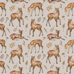 Behang Aquarel naadloze patroon met schattige baby gevlekte herten. Wilde kleine bosdieren en planten. Achtergrond in natuurstijl voor kinderen textiel, behang, inwikkeling, covers. © Kate K.