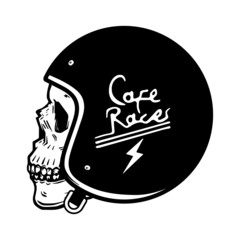 Racer skull wearing motorcycle helmet/ Monochrome vector illustration isolated on white background