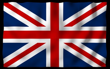 Waving flag of the Great Britain on dark background. British flag. United Kingdom of Great Britain and Northern Ireland. State symbol of the UK. 3D illustration