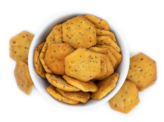 Mixed Snacks isolated on white (close up shot; selective focus)