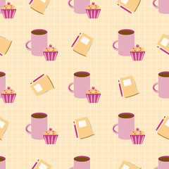Vector mug, cupcake, notebook seamless pattern background. Pink and orange coffee break backdrop. Fun office or studio lifestyle illustration. All over print for working from home or college concept.