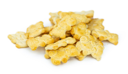 Portion of mixed Snacks isolated on white (close up shot; selective focus)