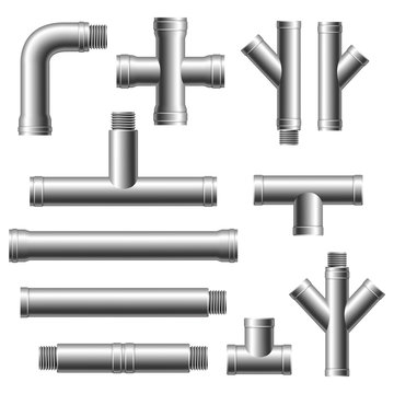 Steel pipe fittings. Plumbing, water pipes sewage. Different types collection of water tube. Industry gas valve. 
