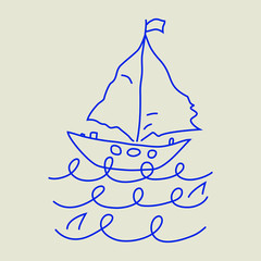 Sailing ship boat yacht on waves with sharks icon logo sign silhouette background Hand drawn doodle Cartoon design Fashion print for clothes greeting invitation card banner badge poster flyer vector