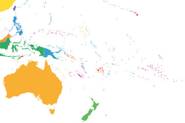 Oceania, colored single states, political map. Geographic region, southeast of the Asia-Pacific region including Australasia, Melanesia, Micronesia and Polynesia. Illustration over white. Vector.