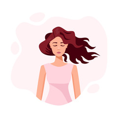 Romantic portrait of a young beautiful woman with closed eyes.Vector flat illustration of peaceful dreaming redhead lady. Feminine woman face. Meditation concept. Relaxation and harmony