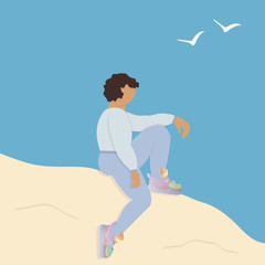 Girl on the mountain. Climbing to top of rock. View from mountain peak. White seagulls. Dangerous sport. Mountaineering. Girl in sportswear and sneakers resting after dangerous mountain climb. Vector.