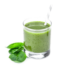 Homemade spinach smoothie isolated on white (close up; selective focus)