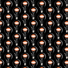 Seamless pattern of glowing light bulbs on a black background