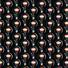 Seamless pattern of glowing light bulbs on a black background