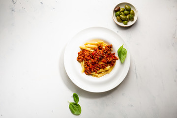 Tasty classic italian pasta with bolognese sauce