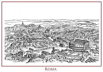 Vintage illustrated table with a panoramic view of the city of Rome capital of Italy situated on the Tiber river banks, rich of history, architecture,  art and ancient monuments like the Colosseum