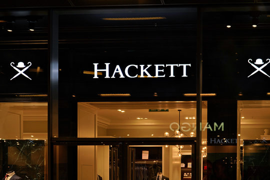 London, United Kingdom - February 01, 2019: Sign at Hackett store at their branch inside One New Change shopping centre. Hackett Limited is traditional formal  men clothing store founded in 1983