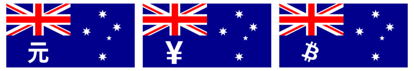 Obraz na płótnie Canvas Flag of Australia, commonwealth star replaced with Renminbi Yuan, Yen, bitcoin sign. Australian trade to China, Japan and cryptocurrency trading concept